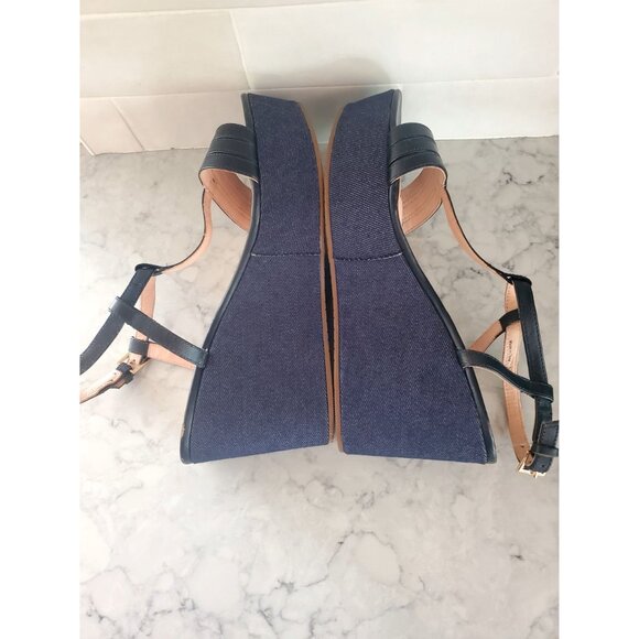 Kate Spade New York Ventana Leather Denim Wedge Sandals Adjustable Strap Size 7M - Picture 7 of 9